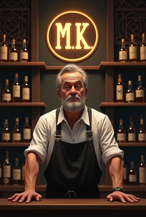 liquor shopkeeper with "M.K " Logo