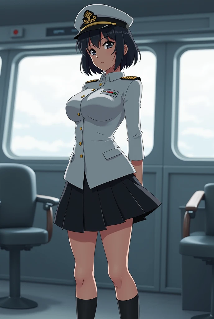 Anime Brown skinned Japanese woman, Wearing a white captains uniform, black short skirt, black socks, and black loafers