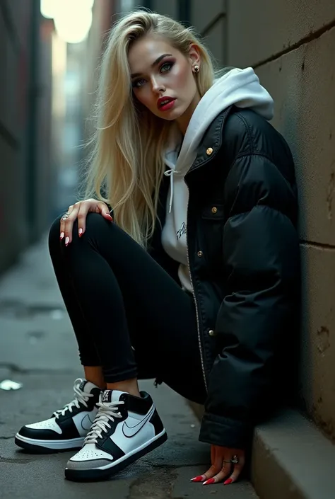 Beautiful woman, long blonde hair, long and lots of fake eye lashes, heavy makeups, black puffed jacket, white hoodie below, black leggings, white short nike socks, white and black nike low dunk sneakers, sitting in an alleyway, nail polish, earrings, face...