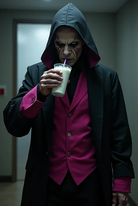 An evil man in black and pink clothes drinks milk