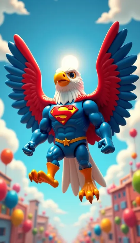 A vibrant, toy-style hybrid of Superman and an eagle, set against a cheerful, blue sky with fluffy white clouds and a bright sun. The figure has a playful, cartoonish design with exaggerated proportions—oversized eagle wings painted in bold red and blue, m...