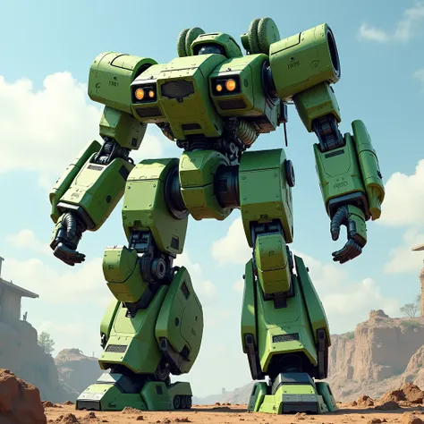 "(((Masterpiece))), ((Best quality))), ((Ultra-detailed)), (Hyper-realistic), (Extremely detailed CG illustration), Cinematic lighting, Realistic, A robot about 3 meters tall with a strong design in a military style. Its outer armor is green, featuring pro...