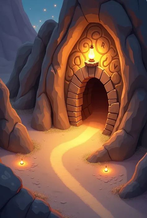 A cartoon like magical cave where Spark’s bottle (or lamp) was discovered. It features a simple, glowing cave filled with enchanted sand, flickering lanterns, and magical carvings on the walls. The outer appearance of the cave when its viewed from above. s...