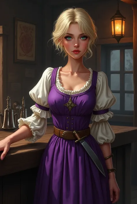 young woman,  blond hair,  Short hair,  purple medieval dress, bartender girl in a medieval tavern,  green eyes , Strict, thin lips, knife on the belt, whipping atmosphere , gloomy