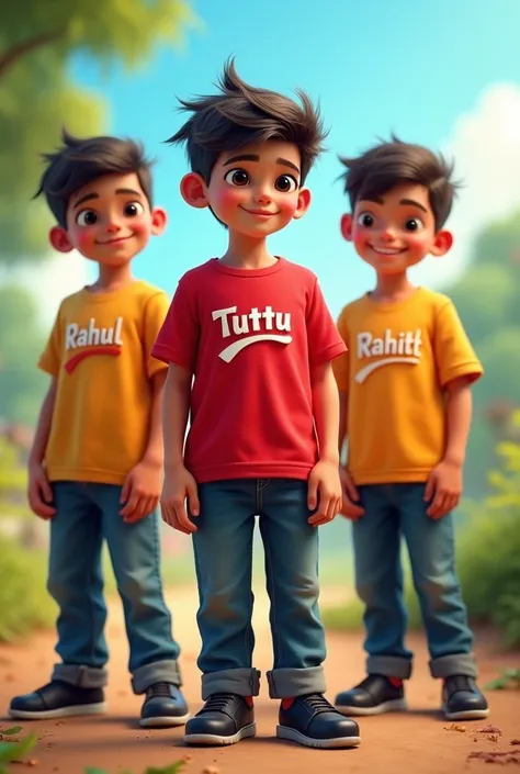 There is a boy whose name is TUTTUand his name is written in red color shirt and he is wearing pants and black color shoes and his hair is a little stylish And second boy name is RAHUL write an in  shirt and third boy name is ROHITH writen in shirt and bac...