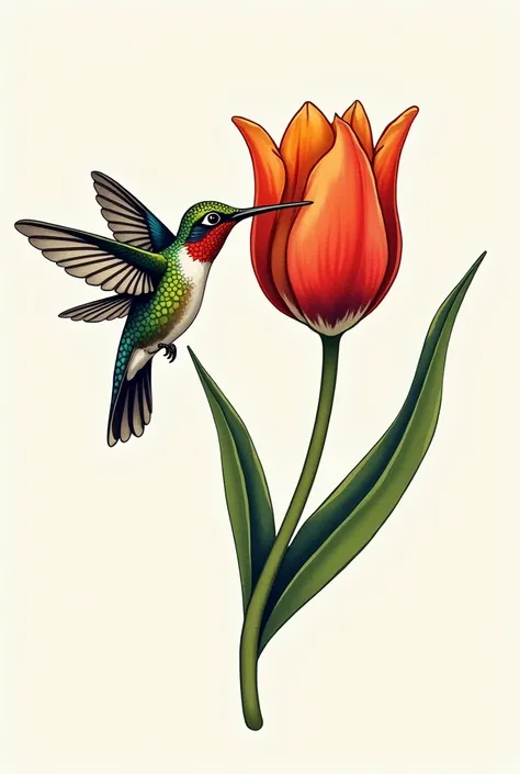 a hummingbird pollinating a tulip tattoo style
