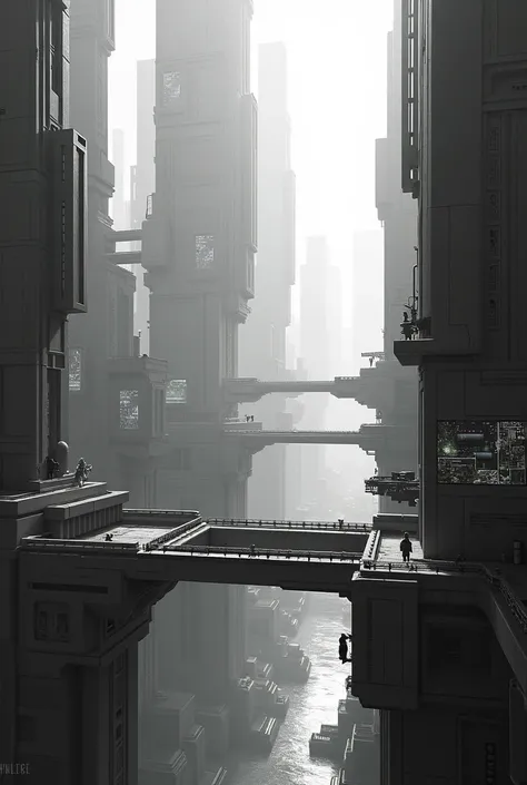 I need a futuristic city for an architectural magazine cover related to how architecture and video games play together with black and white colors but that is not so bright