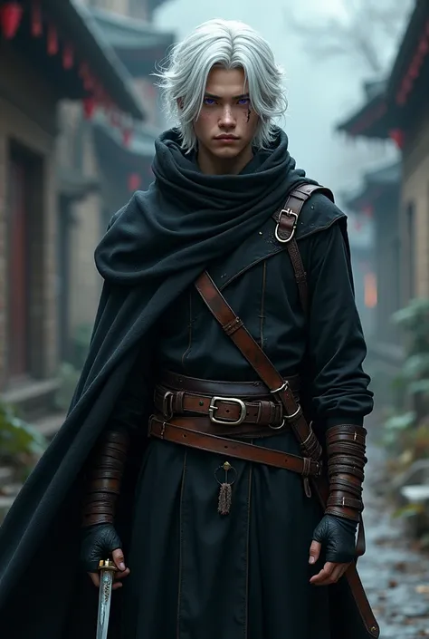 19 year old, medium length hair, white hair, white eyebrows, fantasy, assassin, male, sword, strong, agile, rugged black clothes, mercenary, scars, purple eyes, young, handsome, curly hair, full body, asian