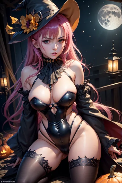 seductive beautiful halloween witch female ,  ruffled sensual gothic striped clothing, spitzer hut,  barely dressed ,  with moon...