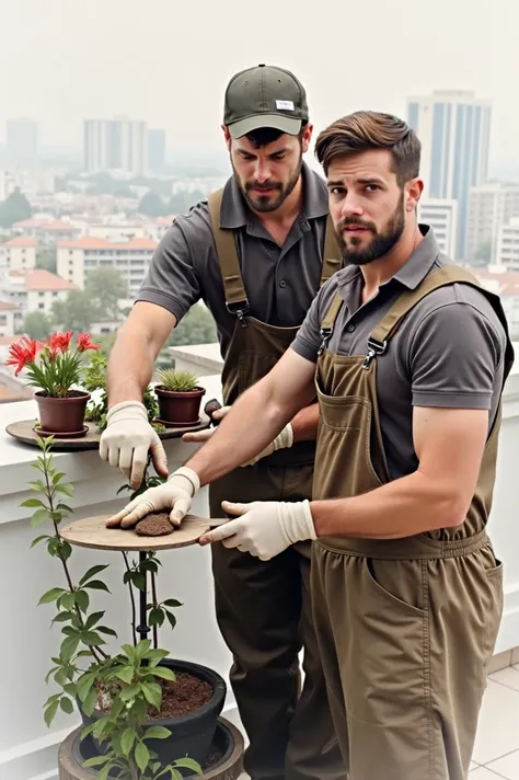 Men in portrait working as a gardener in a balcony