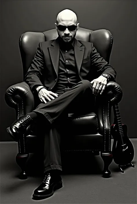 A band poster showing a bald singer wearing black sun glasses, sitting in a leather arm chair with a cigar in his hand and a guitar next to the chair. The bands name is " Critically Yours" the songs name is " Stay Tuned" 