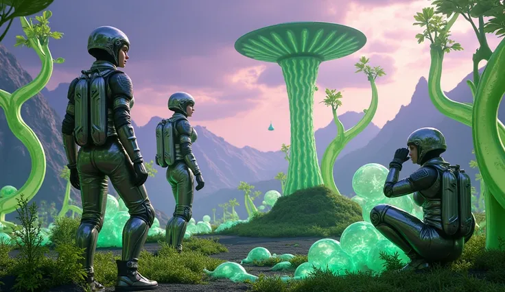 An awe-inspiring futuristic artwork of three beautiful female astronauts on an alien planet with thriving, green-colored vegetation in extraordinary forms. Their advanced spacesuits are adorned with reflective silver plates and glowing lines that complemen...