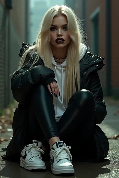 Beautiful woman, long blonde hair, long and lots of fake eye lashes, heavy makeups, black puffed jacket, white hoodie below, black leggings, white short nike socks, white and black nike low dunk sneakers, sitting in an alleyway, nail polish, earrings, face...