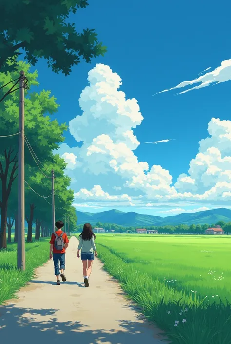 a couple of people walking down a street next to a lush green field, a picture by Makoto Shinkai, trending on pixiv, ukiyo-e, makoto shinkai cyril rolando, centimeters away from my face, beautiful anime scene, lofi art, in style of makoto shinkai, lofi art...