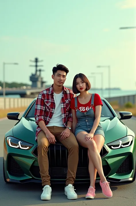 (photorealism:1.2), A 30 year-old malay man, wearing a red and white plaid shirt, brown cargo pants, white VANS shoes, sitting on the hood of a metallic green BMW supercar, with a curvy mature Thai woman 60 years old, red lipstick, short hair, big breasts,...