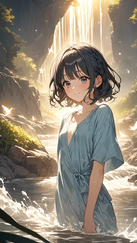 1 girl, ( cute face),  medium hair with high background, to many hairstyle,  small breasts, Light blue robe,  wave pattern accessories,  Pottery Skin , break, Flowing River, Standing by the river , (Mysterious Light:1.3),  dreamy atmosphere , break, Sparkl...