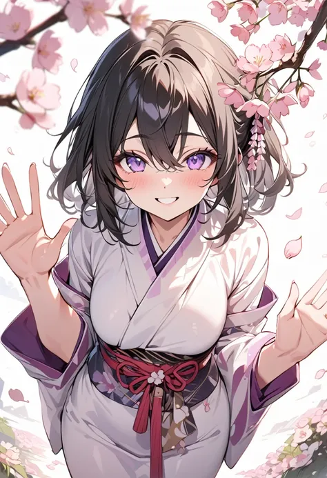 masterpiece, best quality, ultra detailed, a girl, smiling, happy, waving at the camera, looking at viewer, medium hair, hair between eyes, black hair, purple eyes, kimono, white background, with a cherry blossom, cute, kawaii, anime