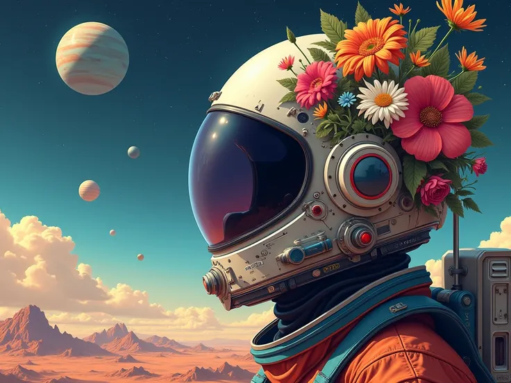 ((pilot with flowers in his helmet and planets in the background, pilot, Just a joke, detailed pilot,  flowers on the planet. Trembling., pilot, Space plants,  is full of color and rich detail.., Beeple และ James Cine , pilot below,  of space travel  ,  sp...