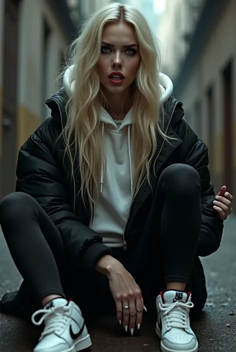 Beautiful woman, long blonde hair, long and lots of fake eye lashes, heavy makeups, black puffed jacket, white hoodie below, black leggings, white short nike socks, white and black nike low dunk sneakers, sitting in an alleyway, nail polish, earrings, face...