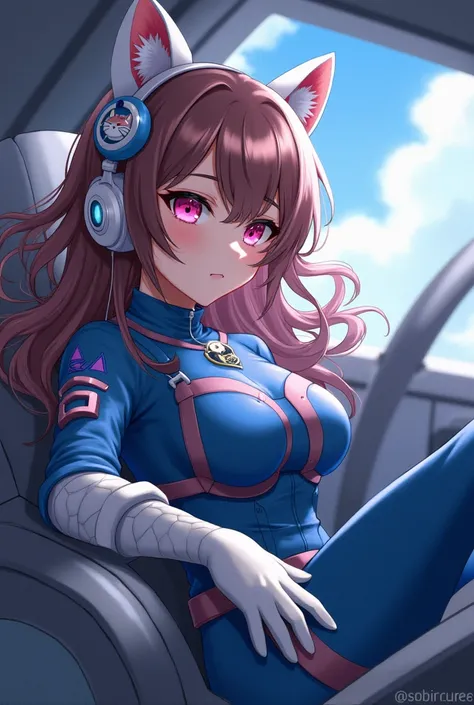 Masterpiece, Best Quality, High Resolution, 1girl, Super High Resolution, Solo, Mech Pilot, D.VA, Headphones, Pink Eyes, Blue Tights, Brown Hair, White Gloves, Cat Face Adornament,