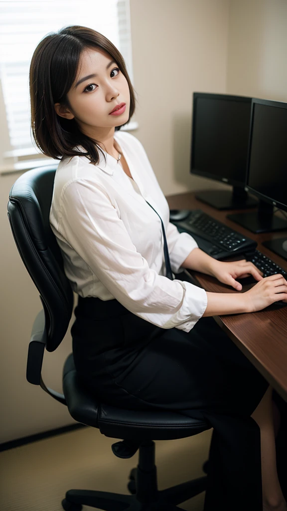   Alone girl sitting on office chair，computer,(  Japanese woman with a viewing angle of:1.3),55 years old,delicate, businesswoman whose clothes are torn&#39;Clothing,( jacket:1.1),( shirt:1.1),(Wrap skirt:1.1), jewelry,socks, stockings,黒いレンズの stockings， It...