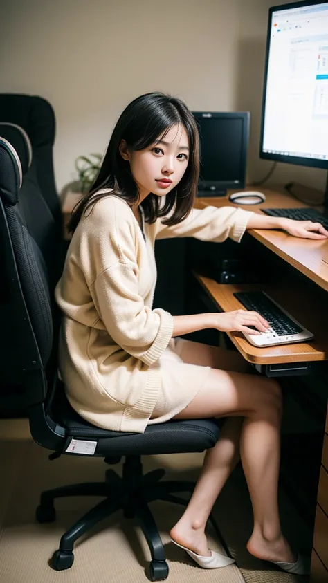   Alone girl sitting on office chair，computer,(  Japanese woman with a viewing angle of:1.3),55 years old,delicate, businesswoman whose clothes are torn&#39;Clothing,( jacket:1.1),( shirt:1.1),(Wrap skirt:1.1), jewelry,socks, stockings,黒いレンズの stockings， It...