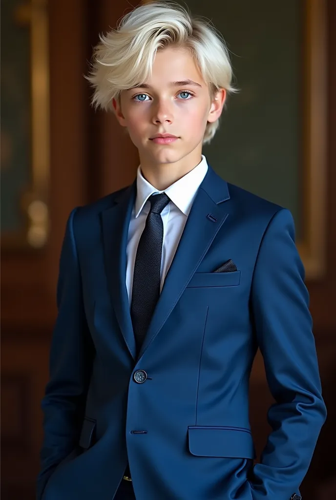 Adolescent Boy Countries in Russia Ages Skin Color:  white Big white hair on both sides Light blue eyes Height 1,57 tall Standing photo blue luxury suit Tie Very handsome boy
Shoulders carrying 