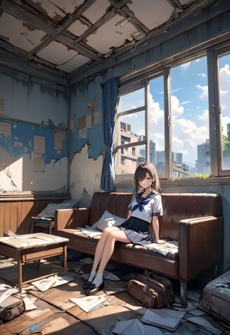 masterpiece, best quality, 8k, highres, ultra-detailed, hdr, uhd, 1girl,school sailor,sitting sofa,derelict room,looking at wind...