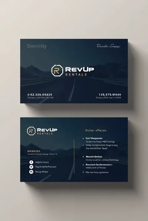 Visiting card details
Front Side:

[Logo of Your Company]
(If you don’t have a logo yet, you can use your company name in a stylish font with a relevant icon like a car, steering wheel, or road symbol.)

Company Name:
[RevUp Rentals]

Tagline:
"Your Journe...