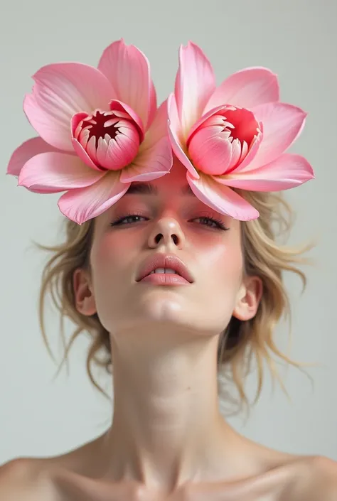  Create me a modern and elegant picture of a blonde woman who is linked to pink flowers.  The flowers should be above her eyes like this . She creative it should look aesthetic .