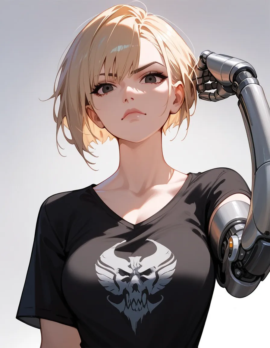 sister model ,light blonde hair, in black eyes,fierce face,black t-shirt,cool black prosthetic arm , medium breasts, , black tro...