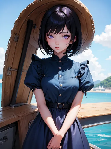 a woman,  black hair, purple eyes, a woman in a blue dress standing on a boat looking at the water, Ilya Kuvshinov landscape , Ilya Kuvshinov. 4k, artwork in the style of guweiz,  Cute anime waifu in a nice dress,  anime style . 8K,   seductive anime girl ...