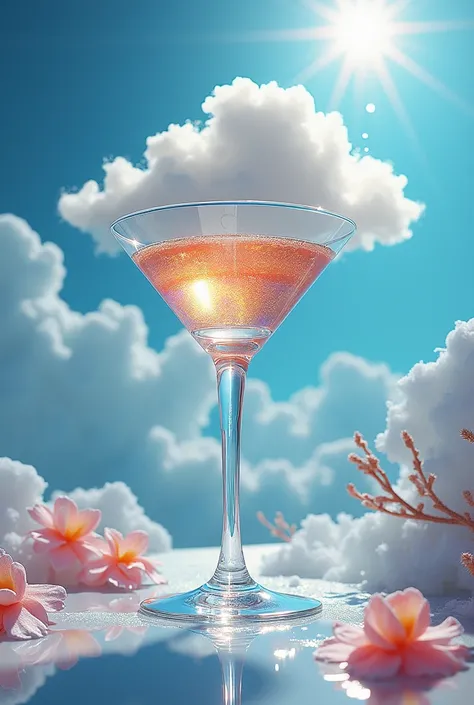 A sunlit iridescent mocktail glass with a cloud reflected in it, in the style of layered collages, geometric surrealism, minimalist nature studies, jagged edges, frostpunk, folded planes