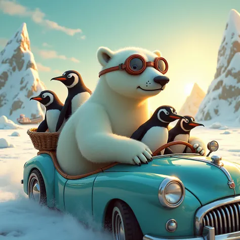 A polar bear and penguins wearing goggles sits in a car with the sun shining on his face