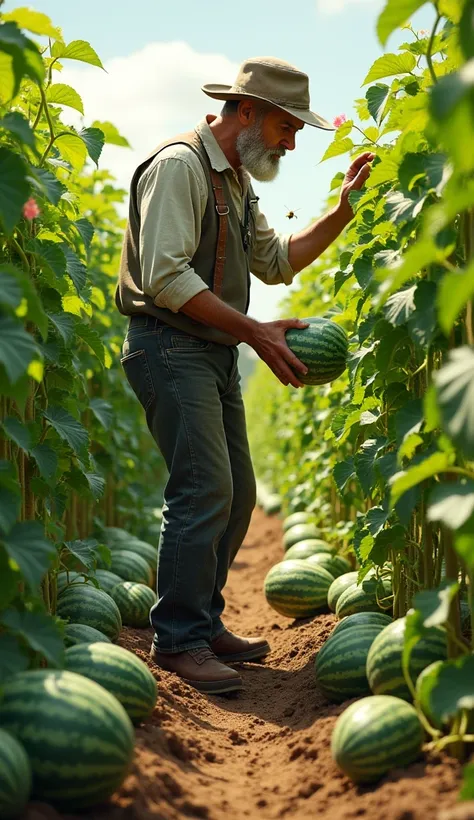 A man was cultivating watermelons. Make 10 pictures