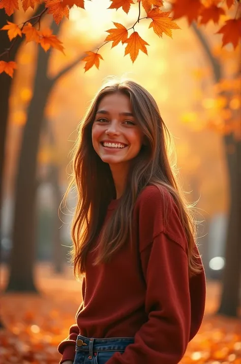  young woman , smiling, against the backdrop of an autumn park, leaves of different shades of red and orange around it
