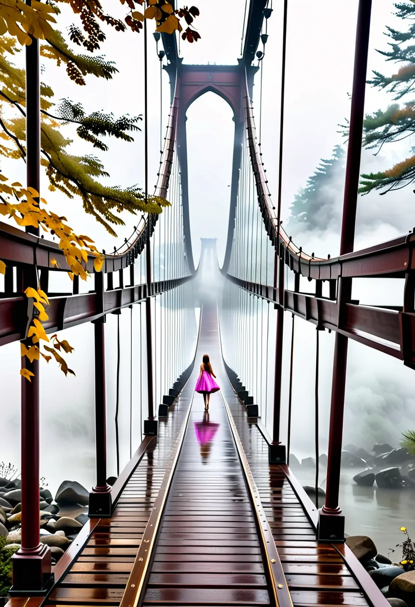 ((an old suspension bridge shrouded in deep fog :1.5、 walk away elegantly and slowly over a long suspension bridge with a shabby...