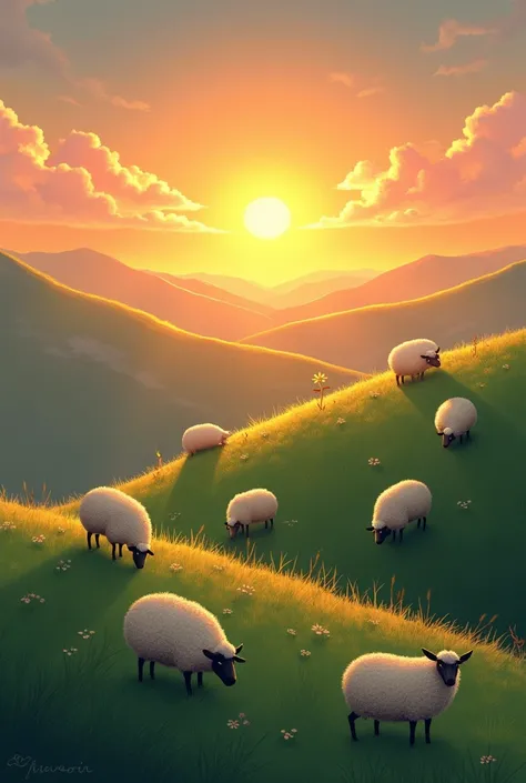 DRAW A PICTURE ABOUT THE SUNSET ON THE SLOPE SHEEP