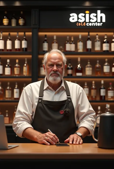 Liquor shopkeeper  with "Asish Cold Center" background Logo