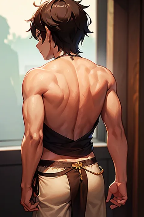 boy wearing coffee brown t-shirt and loincloth, back view, ((beautiful detail eyes)), (soft), ((best quality))