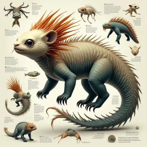 Ultimate evolution hybrid animal, in infographic data, unusual of dragon hunting axolotl , beautiful panda long fur creature, intricate proprtional fusion body parts, realistic