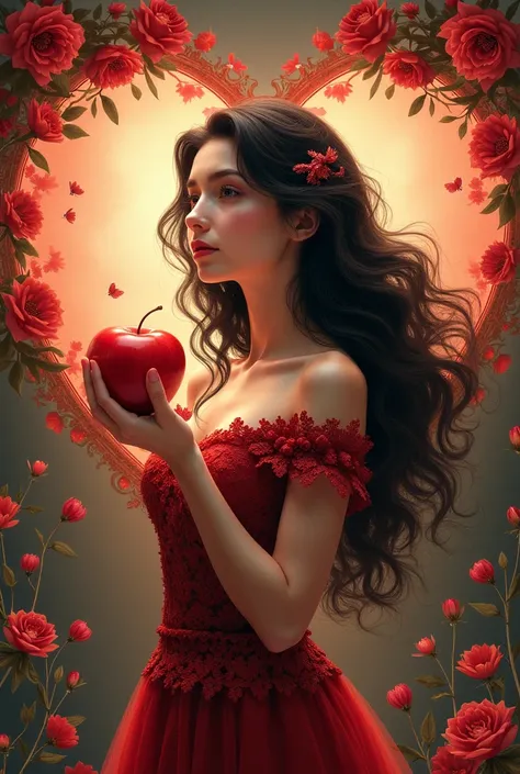 (magic, magnificent, masterpiece), (high quality, Detailed),  woman，dark-hair, Take an apple and say -"like"-and-"you", like heart background, 