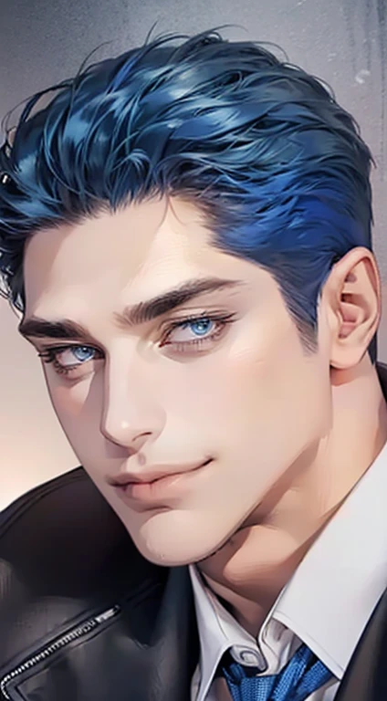 (best quality,4k,8k,highres,masterpiece:1.2),ultra-detailed,(realistic,photorealistic,photo-realistic:1.37),1 man,31 years old,mature man,very handsome,without expression,smile,short blue hair,blue eyes,penetrating gaze,perfect face without errors,imposing...