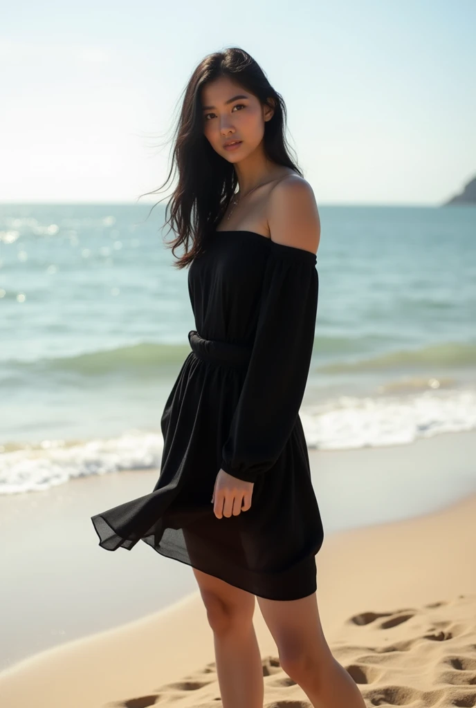 Stock minimalist photography of a woman Katya with long black hair standing confidently on a sandy beach, her black off-shoulder dress flowing gently in the breeze. She poses with a bold and relaxed demeanor, the soft sunlight highlighting her figure and c...