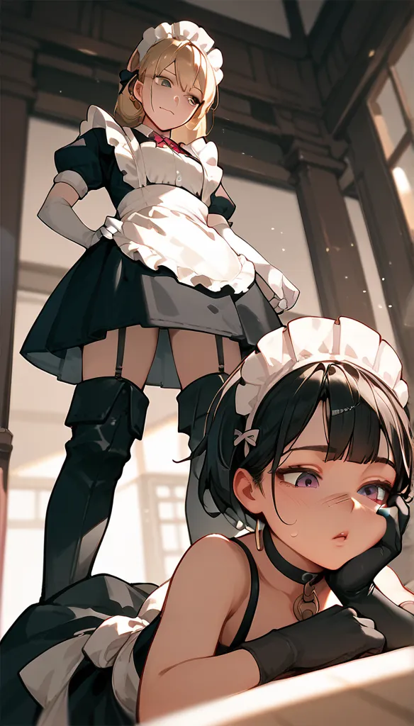 Anime Women, Maid, thigh boots, elbow gloves, raised leg, Stomping of feet on face, step on face, looking down, throw