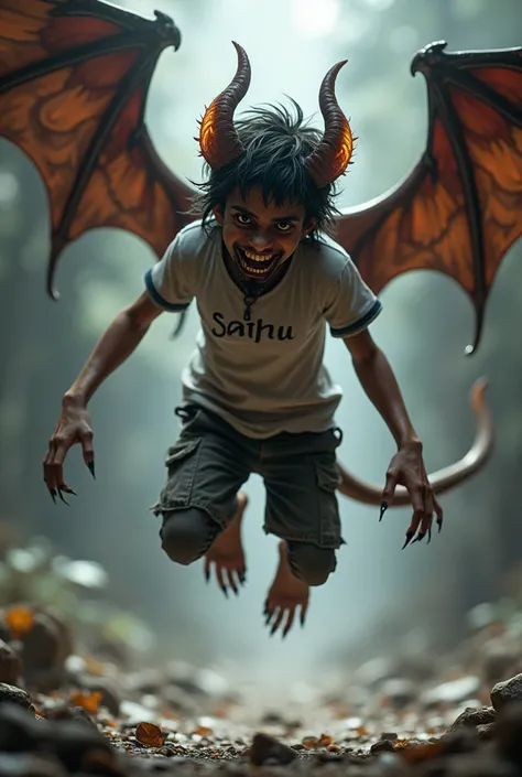 One dangerous boy jumping his to long nails,lion teeth,long tial and long wings his tshirt name is "sathu"