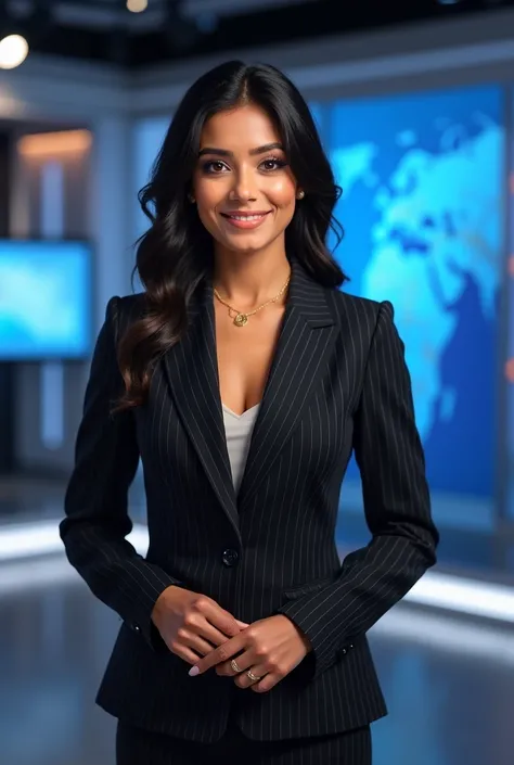 An Indian lady news anchor with fair complexion wearing office suit