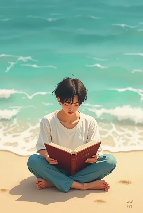 "A person reading a book on a peaceful beach, the waves gently crashing against the shore, symbolizing the vast knowledge and adventure that reading brings to the mind."