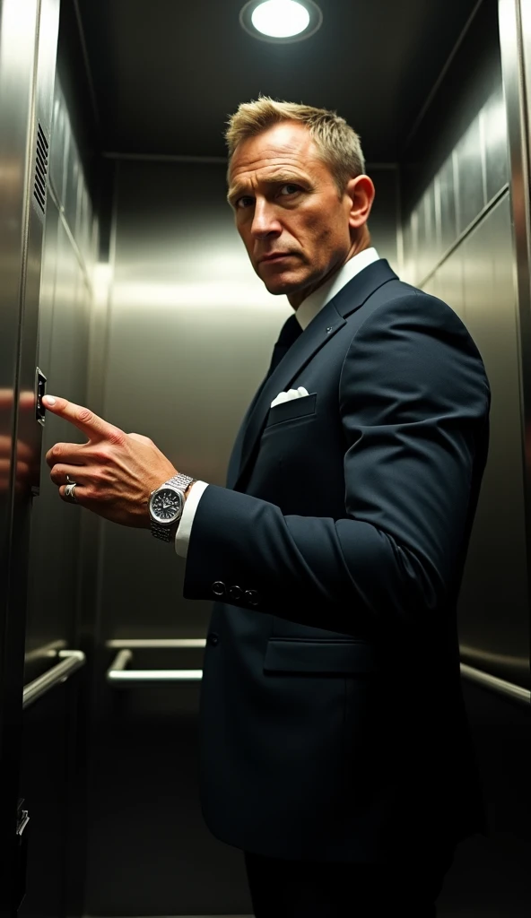 james bond pressing 10 floor button in an elevator