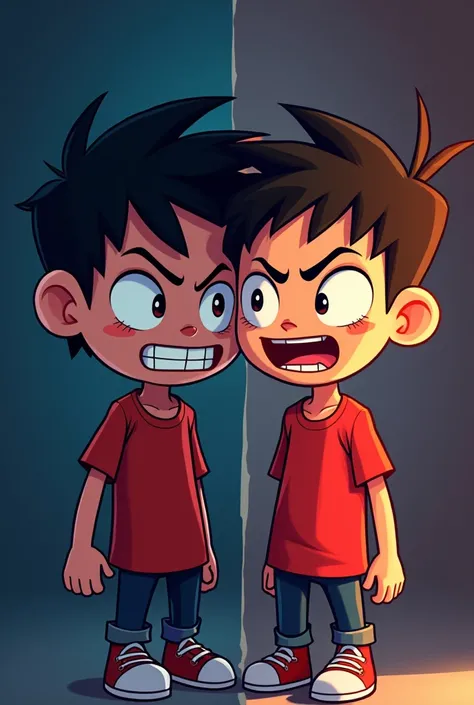 Cartoon image that evokes bullying at school divided into 2 parts, Dark left with ren evoking viciousness and right with ren evoking meanness and right ren evoking kindness, smiling
